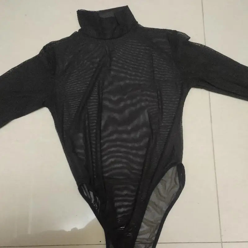 Open Crotch One-pieces Sheer Black red Long Sleeve Sexy Bodysuits Shirts Tops Lingerie Club Street wear for Woman Plus Size 3XXL