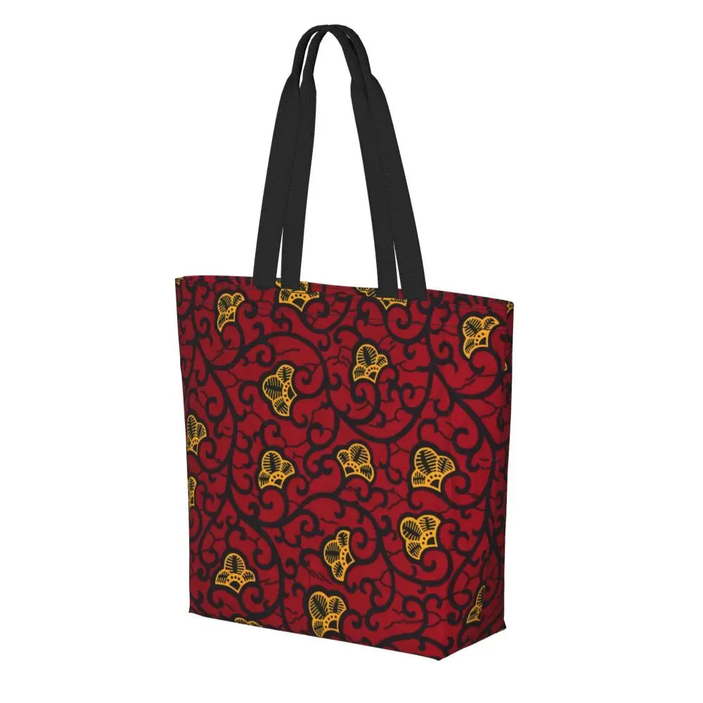 African Ankara Prints Grocery Shopping Tote Bags Women Geometric Ethnic Art Canvas Shoulder Shopper Bags Big Capacity Handbag