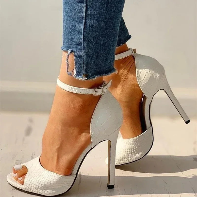 Sexy White Dress Wedding Shoes Women Ankle Strap Peep Toe High Heel Sandals Super High Heels Buckle Snake Pattern Woman Pumps