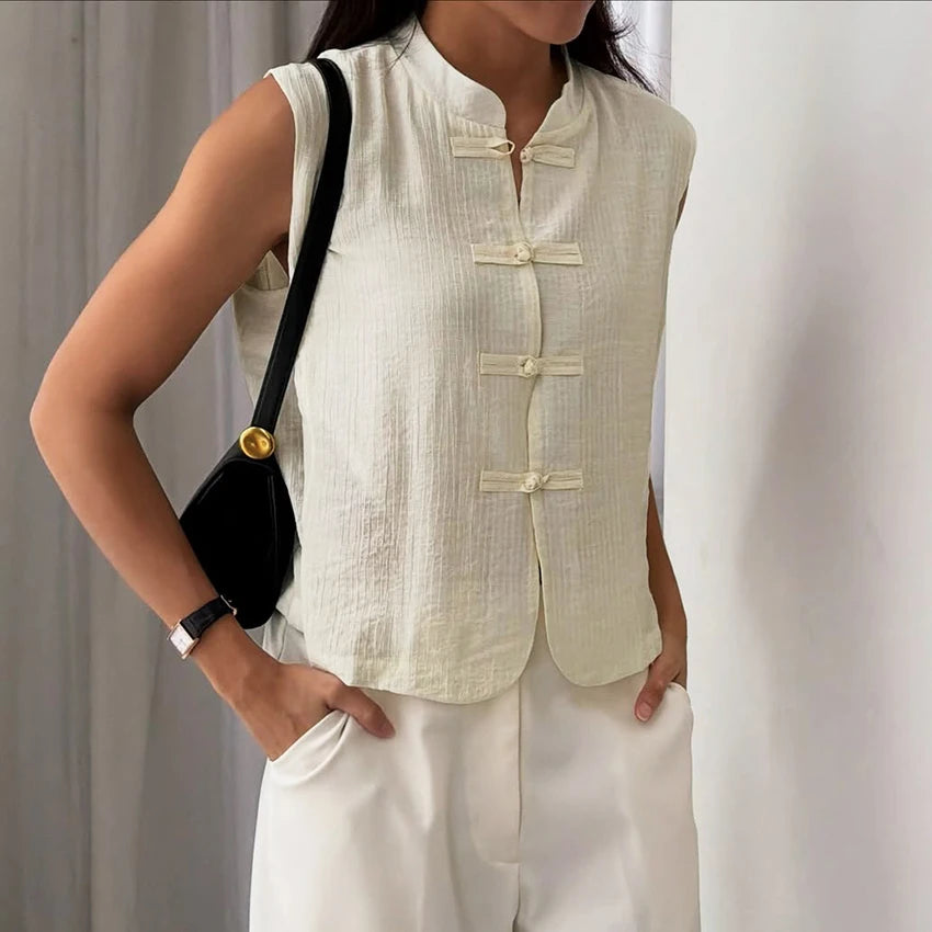 Linad Vintage Chinese Knot Stand Collar Vest Female Street  Apricot Stand Collar Tank Tops Summer Casual Sleeveless Tops 2026