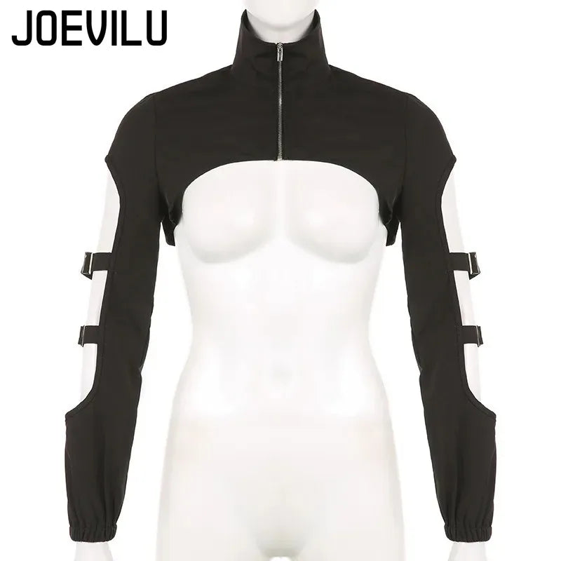 JOEVILU Women's Cyberpunk Goth Harajuku Crop Tops Long Sleeve Hollow Out Zipper T Shirt Y2K Grunge Streetwear Jacket for Dancing