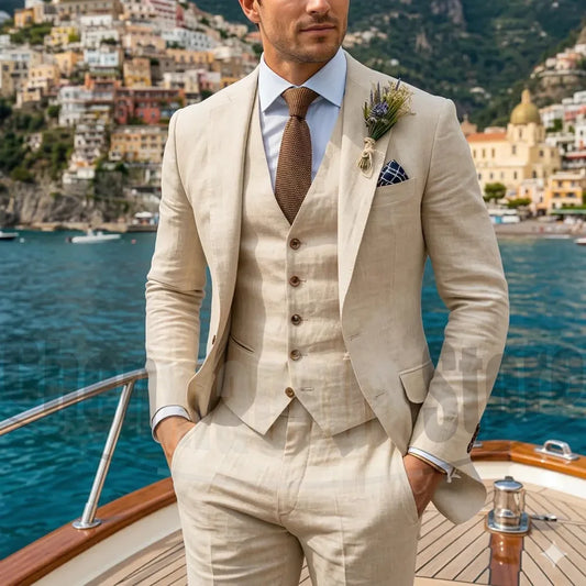Beige Linen Men Suit 3 Piece Single Breasted Slim Formal Wedding Groom Tuxedo Blazer Pants Vest For Beach Party Business Casual
