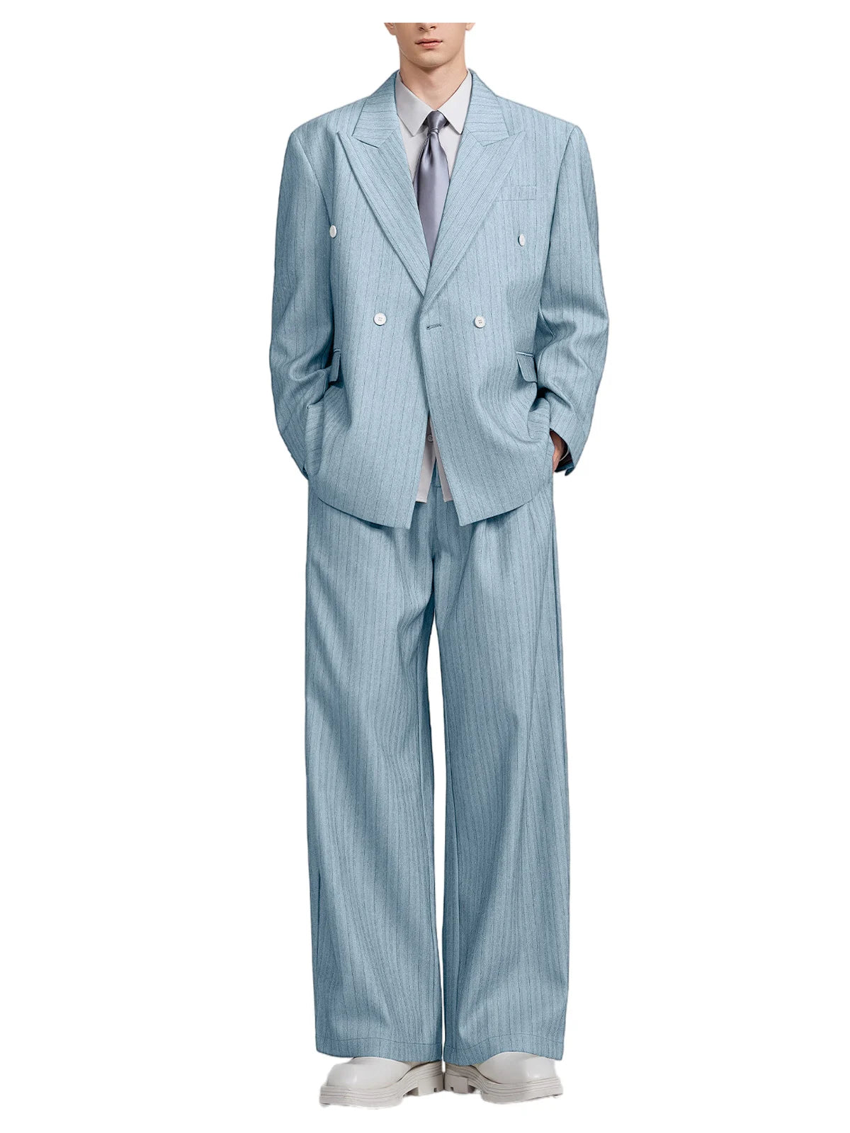 Men's Pinstripe 2-Piece Suit Notch Lapel Jacket Loose Fit Double Breasted Blazer Wide Leg Trousers for Formal Business Casual