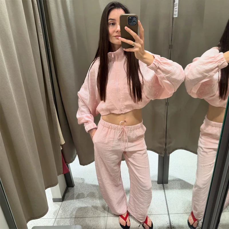 HXAO Women's 2 Piece Tracksuit Set Cropped Jacket Pants Sets Summer Long Sleeve Zip Up Top Wide Leg Trouser Suit Pink Sportswear
