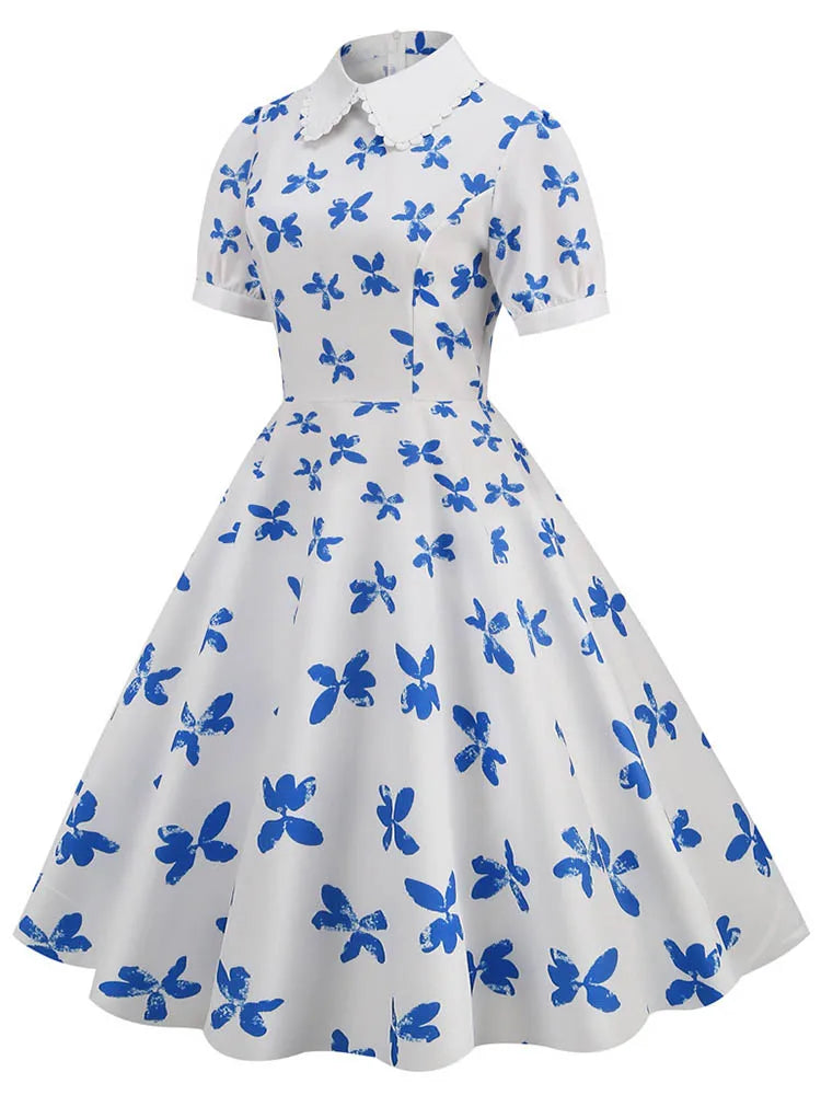 Women Vintage Dress Floral Print Peter pan Collar Elegant Party Dress Puff Short Sleeve Pin Up 50s Party Sundress 3XL