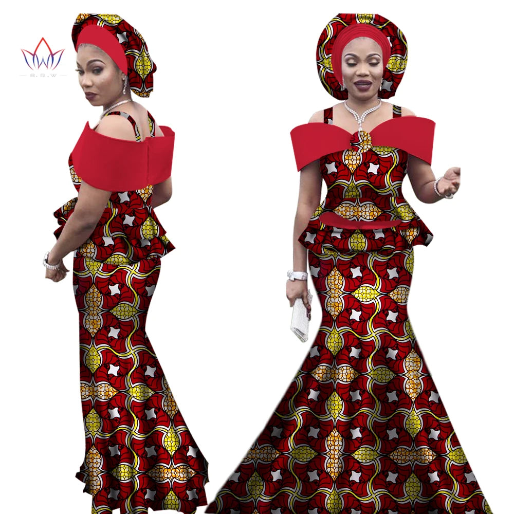 African Outfits with Headtie for Women Dashiki Bazin Print Strap Tops and Long Skirts Women Set African Clothing WY3113
