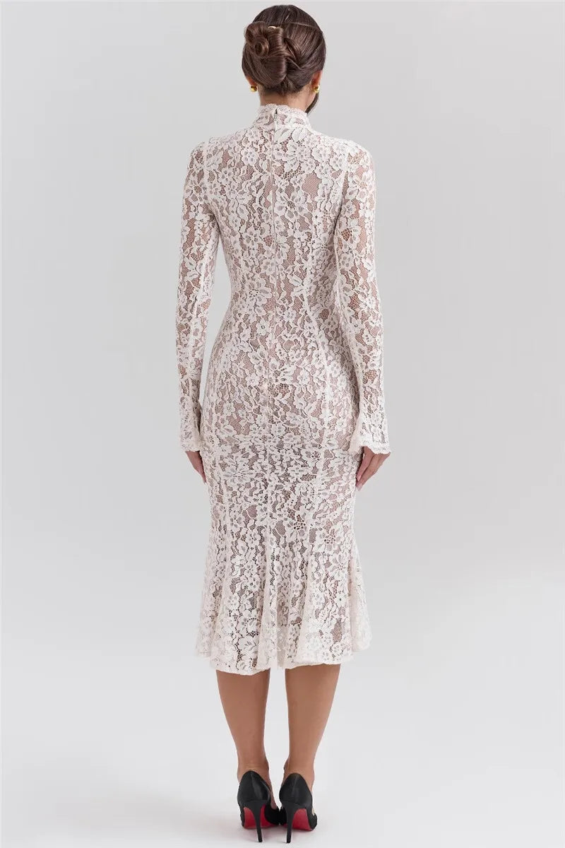 Mozision Lace Long Sleeve Sexy Midi Dress For Women Elegant White Half High Collar High Waist Bodycon Club Party Sexy Long Dress