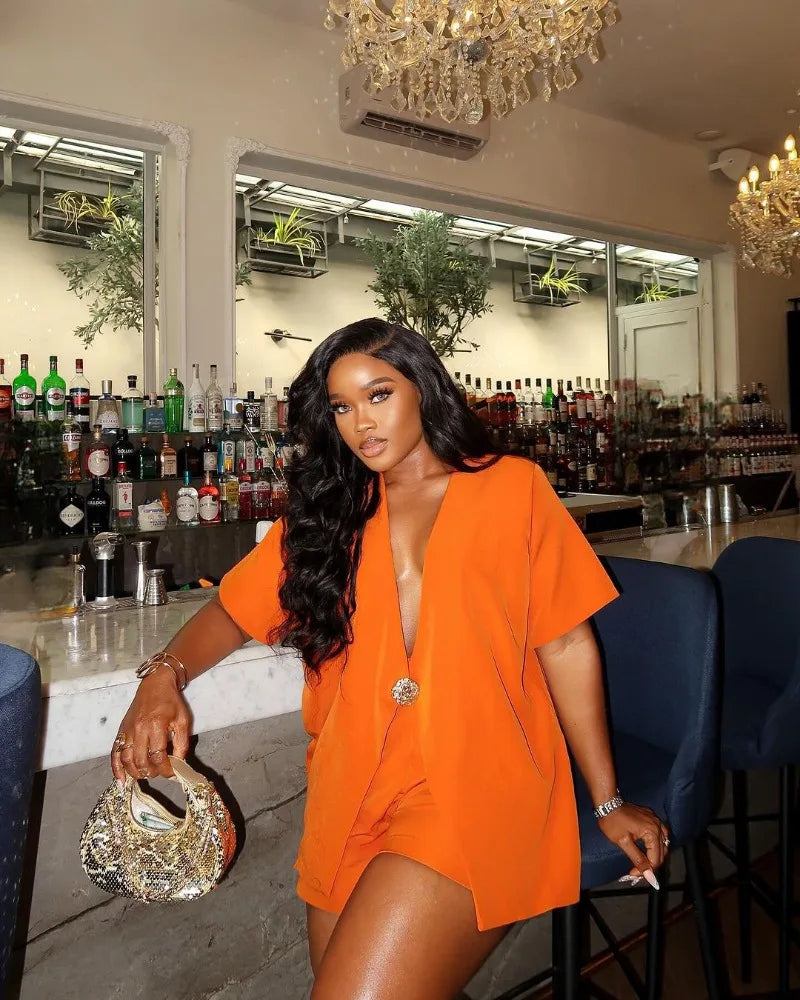 Women's African Style 2 Piece Set Sexy Summer Orange Deep V Neck Blazer & High Waist Shorts Elegant Party Club Outfits