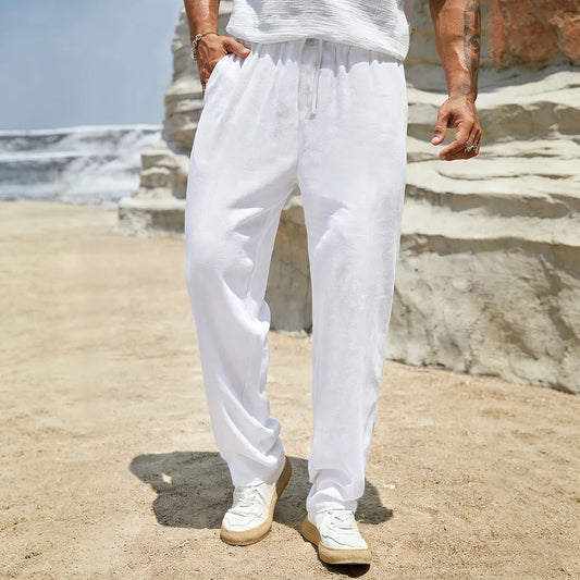 Cotton Linen Long Pants for Men Solid Color Breathable Lightweight Elastic Waist Men's Casual Pants Simple Classic Trousers