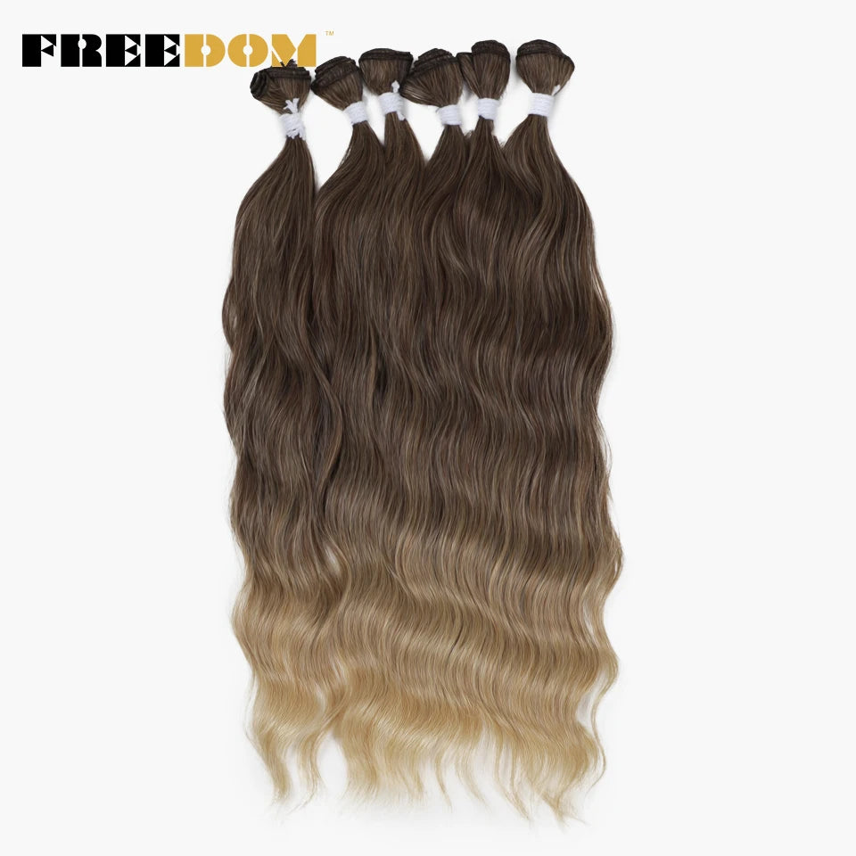 FREEDOM Synthetic Water Wave Hair Bundles 20 inch Synthetic Hair Extensions Ombre Blonde Brown Hair Weave Bundles 6Pcs/Pack