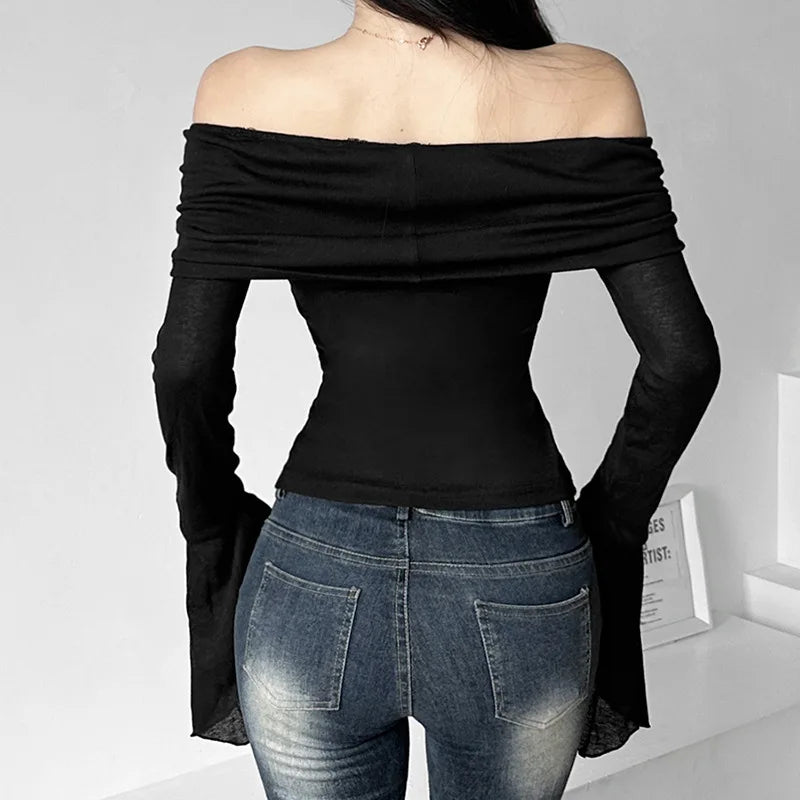 Y2k Aesthetic Women Translucence Tee Shirts Slash Neck Long Sleeve Solid Casual T-Shirts Vintage Off Shoulder Sexy Cute Tshirts