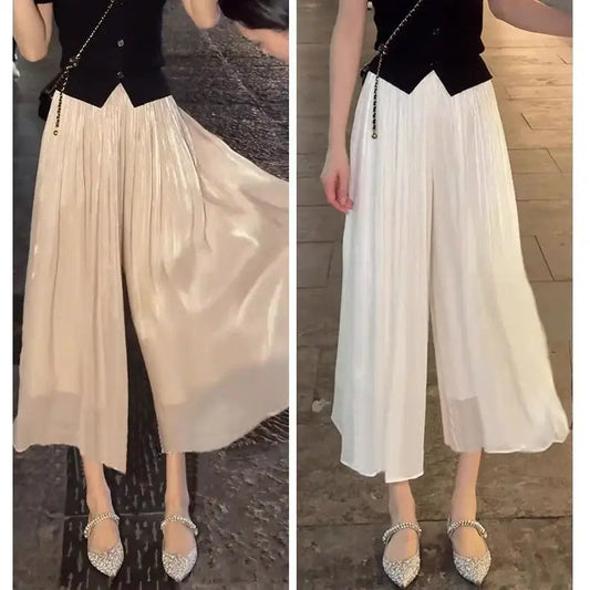 Summer Flowing Ice Silk Wide Leg Pants Women's plus Size Slimming Miniature Eighteen Skirt Pants High Waist Straight Leg Pants