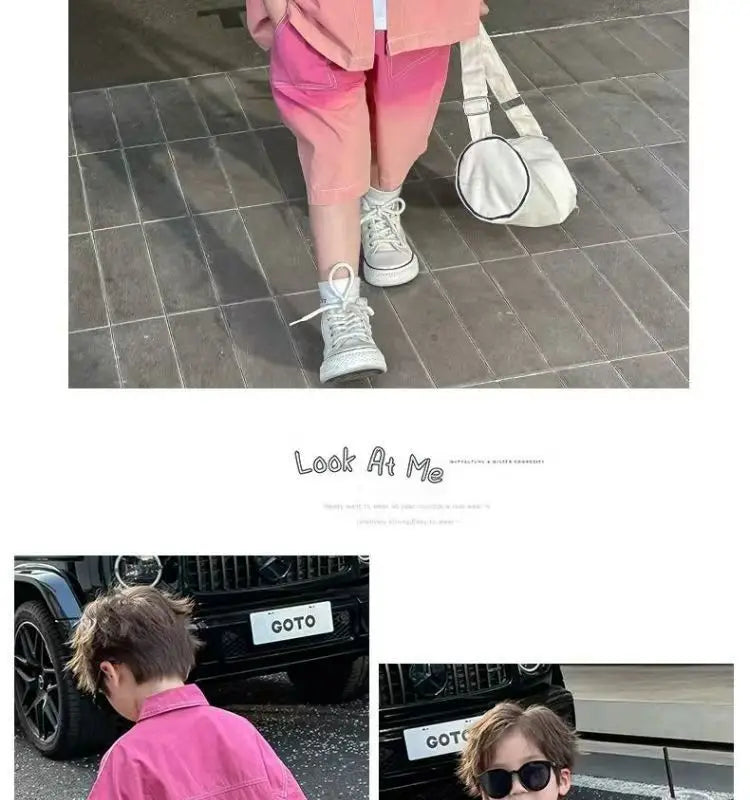 2026 New Boys Fashion Gradient Pink Shirt Shorts Set Loose Fit Casual Kids Two Piece Outfit Breathable Children's Streetwear 3-8