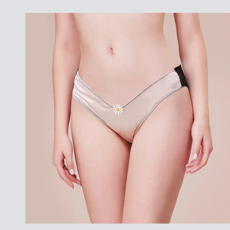 European Sizes Satin Luxury Style Women Sexy Low Waist V Shape Lace Flower Underwear Breathable High Stretch Soft Panties Breifs