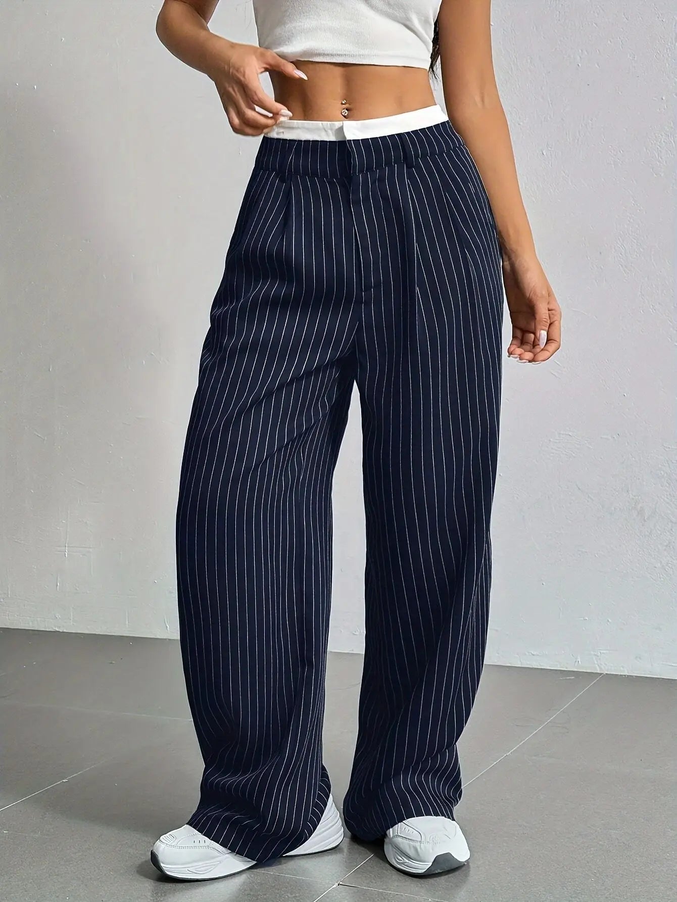 Fashion Pants Women's Stripe Straight Pants 2024 Autumn Winter High Waisted Casual Suit Pants Office Lady Women Trousers Bottoms BAZAARHUBO