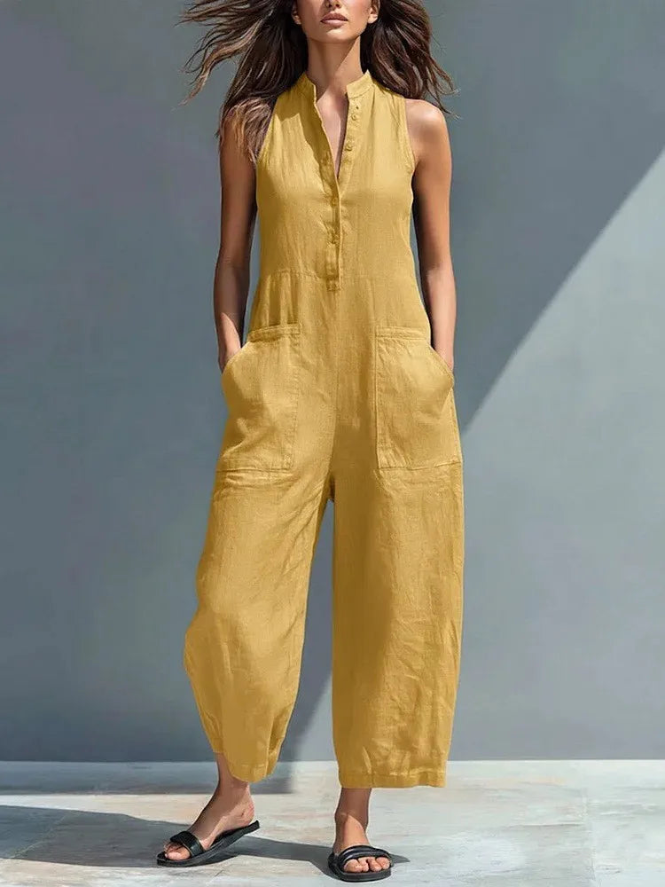Summer Casual Sleeveless Stand Up Collar Pocket Jumpsuits Women Macacão Feminino Combinaison Femme Monos De Mujer Casuales