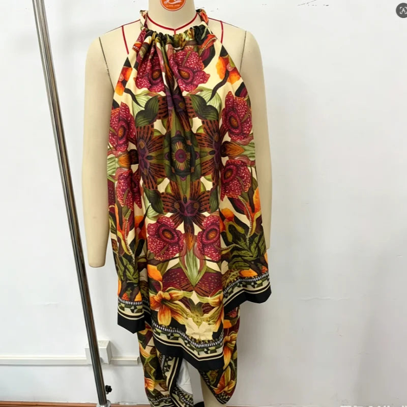 Halter Neck Floral Print Split Set Sleeveless Casual Top Tropical Wrap Slit Maxi Skirt 2026 Summer Bohemian Holiday Women Outfit