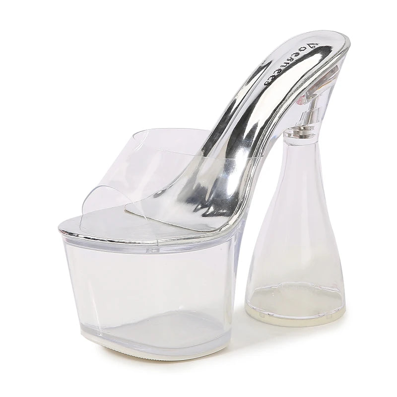 Women High Heels Summer 17.5CM Transparent Ladies Silver Party PVC Sandals Sexy Female Open Toe High Platform Nightclub Shoes