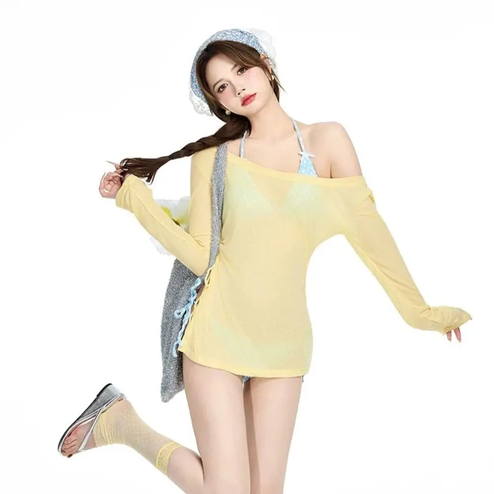 Lace-up Women's Swimwear Set Beachwear Sun Protection 4Pieces Bikini Swimsuit Loose Mesh Transparent Bathing Suit Resort Wear