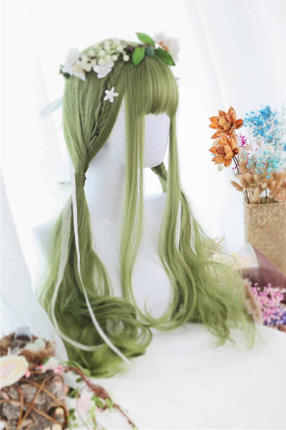 XIYUE Green Long Straight Synthetic Wigs for Women Natural Wave Wigs with Bangs Heat Resistant Cosplay Hair Halloween