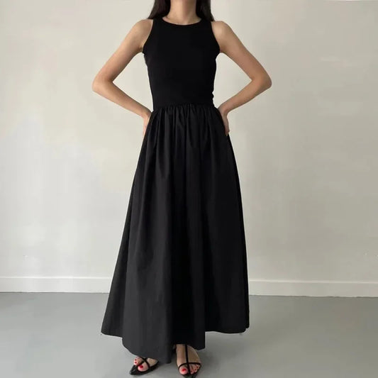 Female Fashion Style Dress New Summer Simple Elegant Black Long Dresses For Women Round Neck Sleeveless High Waist Temperament