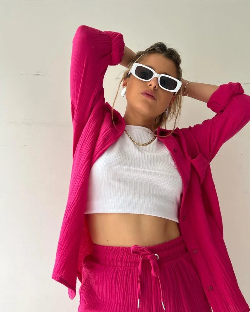 Casual Sleepwear 100% Cotton Pajamas For Women Sets Suit Turn-Down Collar Nine Quarter Sleeve Sleep Tops Shorts Female Homewear