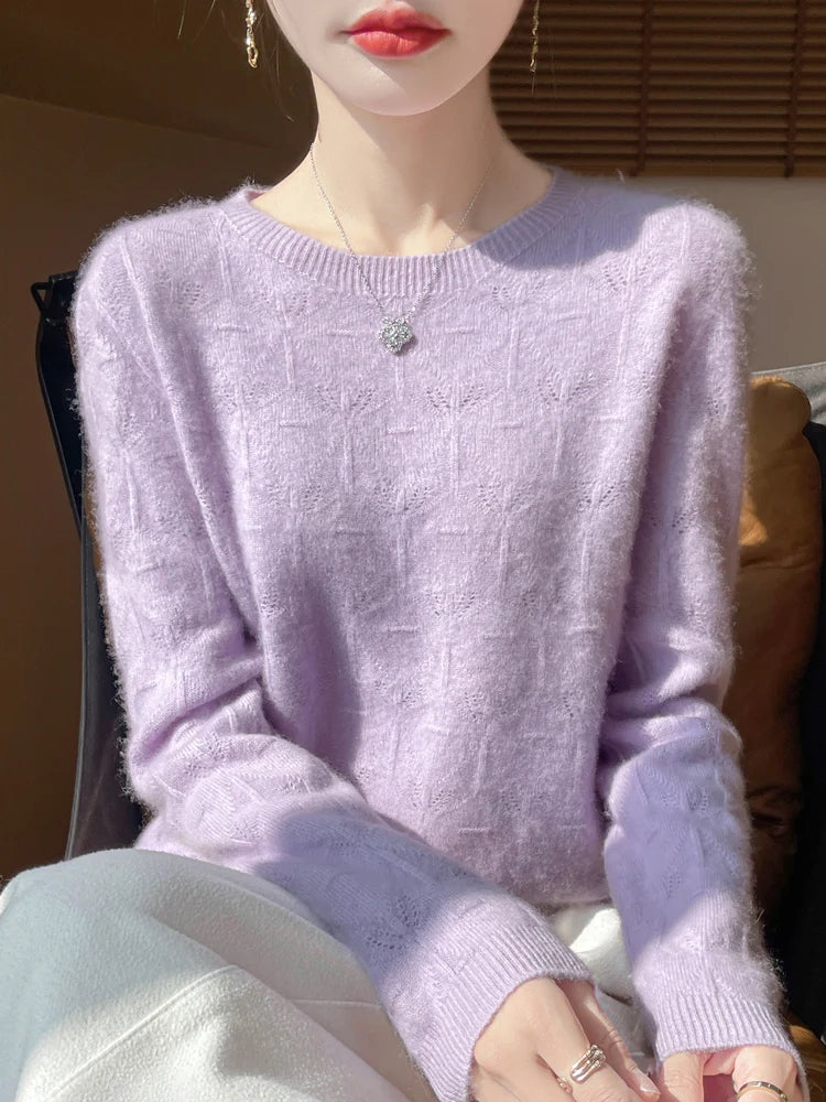 Women 100% Merino Wool Sweater Casual Hollow out Cashmere Blouse O-neck Pullover Tops Autumn Winter Warm Knit Woman Wool Sweater