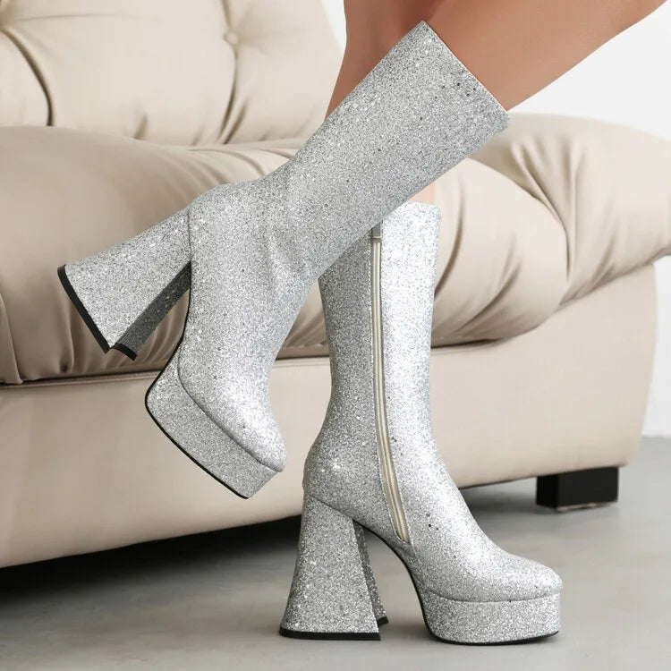 Ochanmeb Women Gold Sequins Boots Platforms Super High Chunky Heels Pink Mid-Calf Boots Gothic Zipper Woman Silver Glitter Shoes