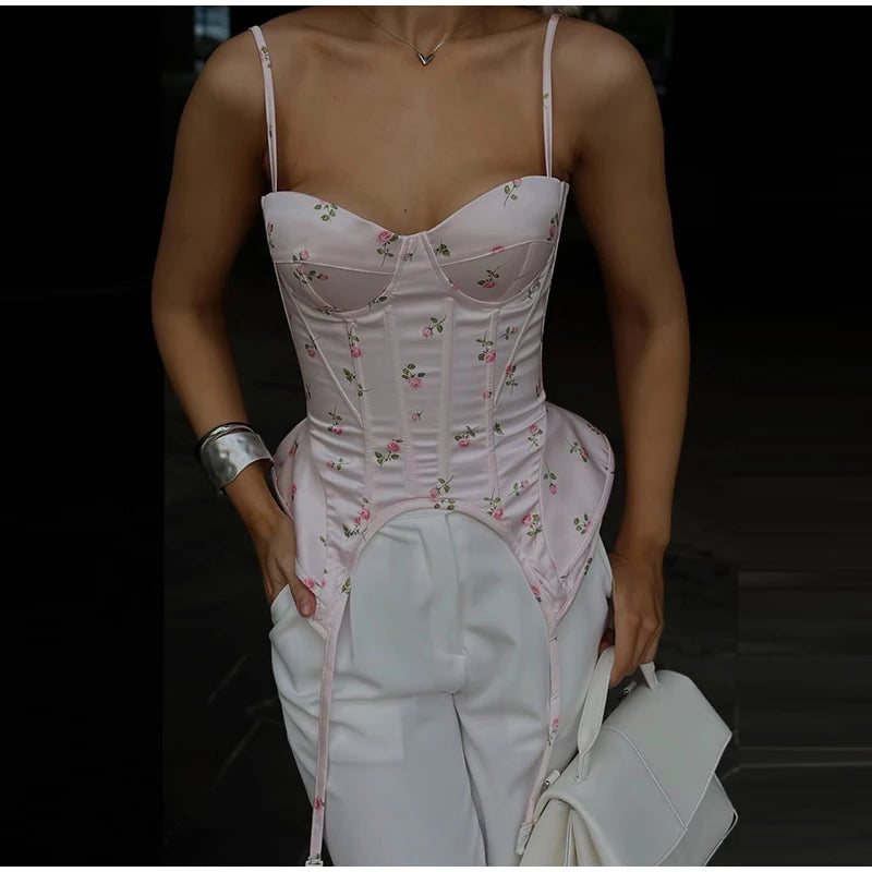 Sexy Print Fishbone Sling Tops Women Bandage Ribbon Patchwork Fitted Corset Female 2026 Summer New Chic Evening Party Tanks Lady