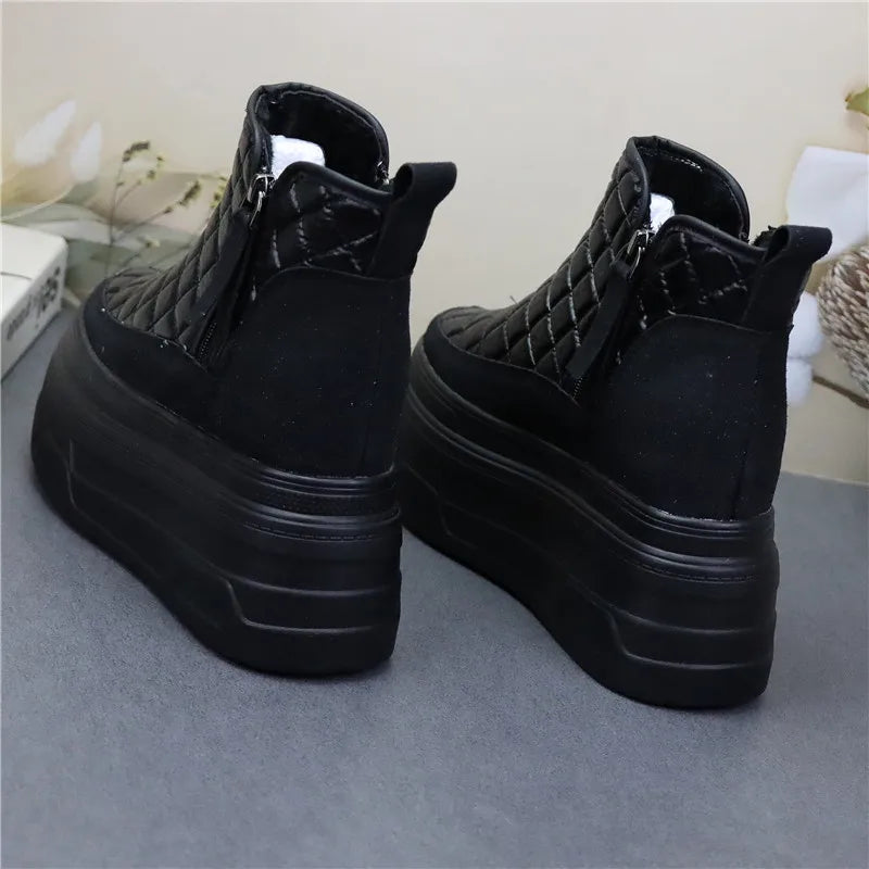12cm Winter Leather Silver Women Snow Boots Thick Sole Waterproof Warm Platform Boots Women Plush Mid-calf Boots Increases Heigh