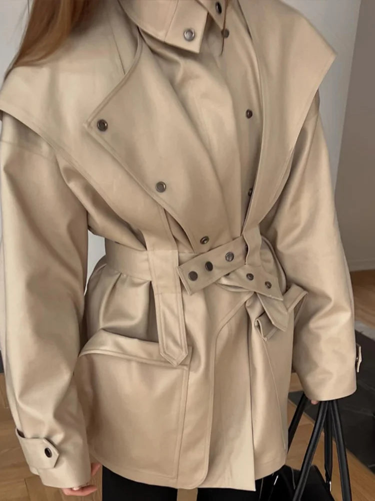 Solid Oversized Tie-waist Cropped Trench Coat Women Drop Shoulder Outerwear 2026 Lady Spring Modern Edgy Fashion Streetwear Coat