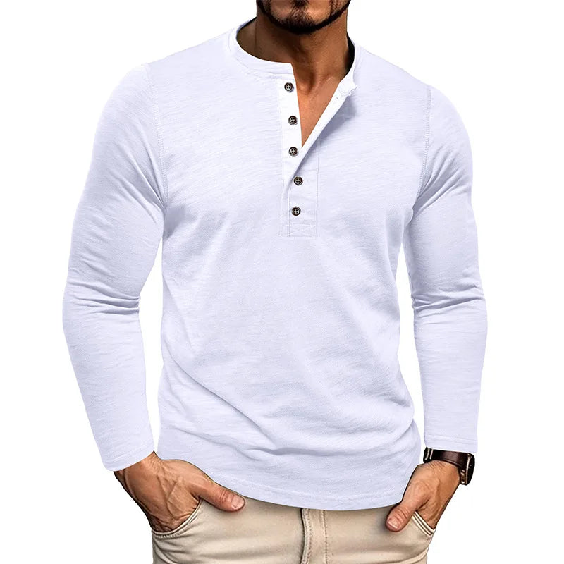 New Autumn Long Sleeve T-Shirt Mens Casual Solid Color Top Henley Neck Slim Versatile Work T-shirt Breathable Outdoor Thin Tee