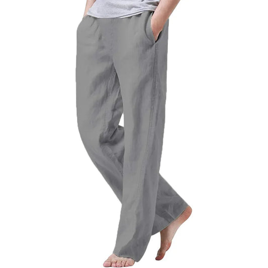 New Men's Cotton Linen Pants Summer Solid Color Breathable Linen Trousers Male Casual Elastic Waist Fitness Pants