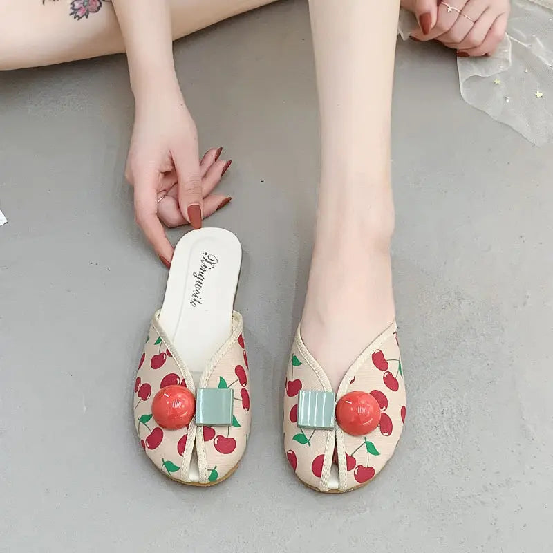 Slides Kawaii Shoes Round Toe Cute Women's Slippers and Ladies Sandals Mules Summer 2025 Flat Outside Comfortable Elegan Y 39 W