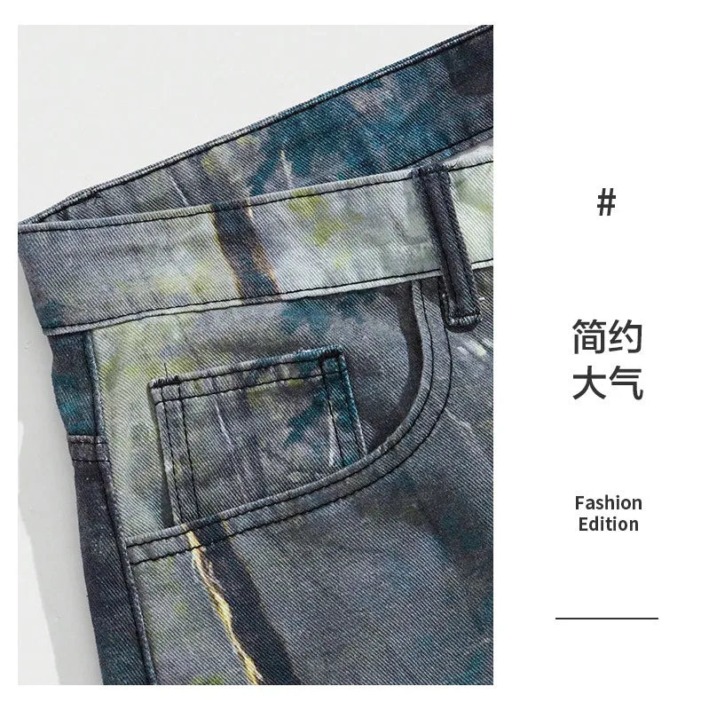 European and American Street Men's Fashionable 3D Digital Pattern Printed, Ink-splashed and Tie-dyed Straight-leg Jeans.
