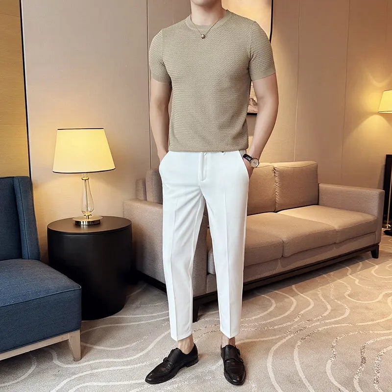Summer Breathable T-Shirts For Men Korean Luxury Clothing O-Neck Short Sleeve Knitted Men's T Shirt Fashion Hollow Tops&Tees 3XL
