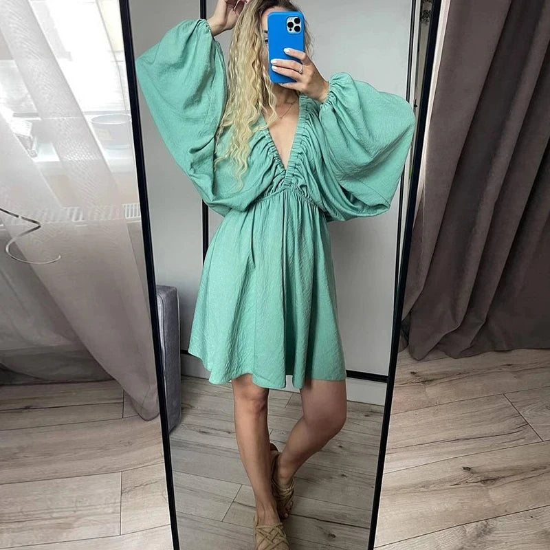 NHKDSASA Women Elegant Solid Loose Dress Summer Casual Long Sleeve Ruffle Dress Ladies Fashion V Neck A-line Party Dress Vestido