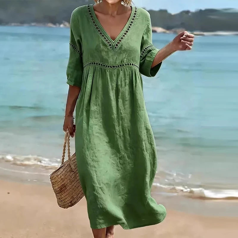 Summer V Neck Half Sleeve Loose Beach Holiday Dress Women Casual Hollow Out Design Solid Color A-line Midi Dress Boho