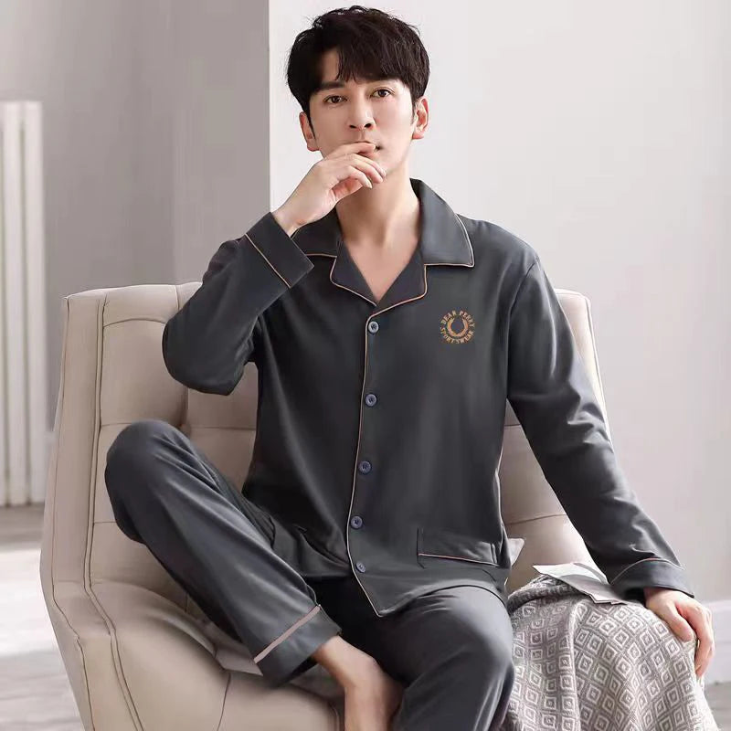 Pajamas for Men Spring and Autumn Long-Sleeved Young Men's Simple Casual Lapel Autumn and Winter Home Wear Set