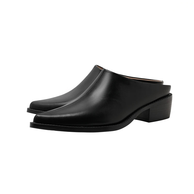 Kaky's New Pointed Cow Tied Leather Thick Heel Medium Heel Large Women's Slippers, Wrapped Half Slippers, Muller Shoes