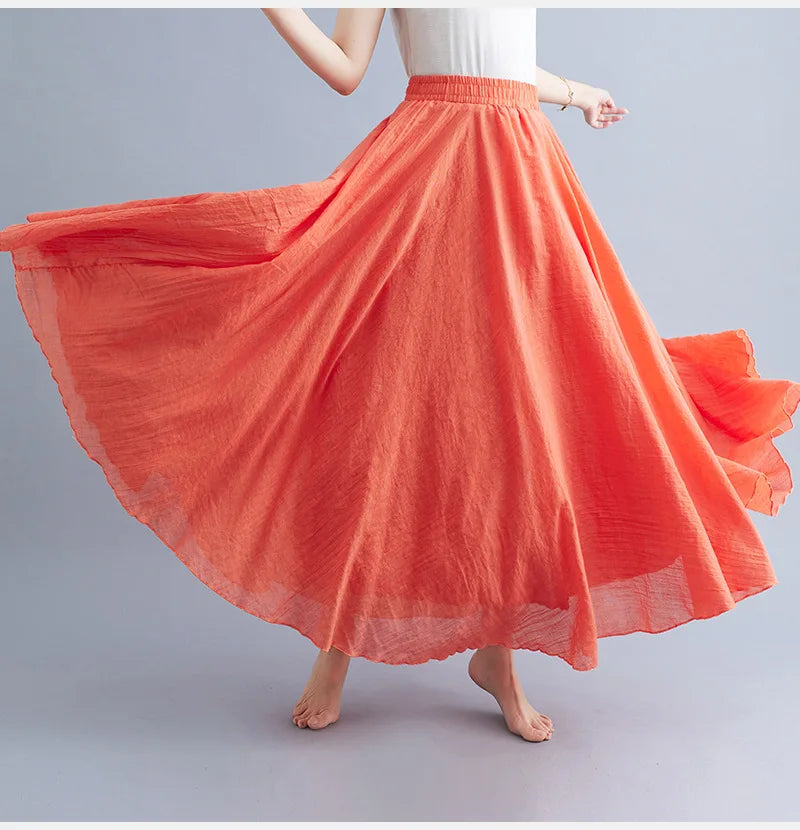 New 2020 Women Linen Cotton Long Elastic Waist Pleated Maxi Skirt Beach Vintage