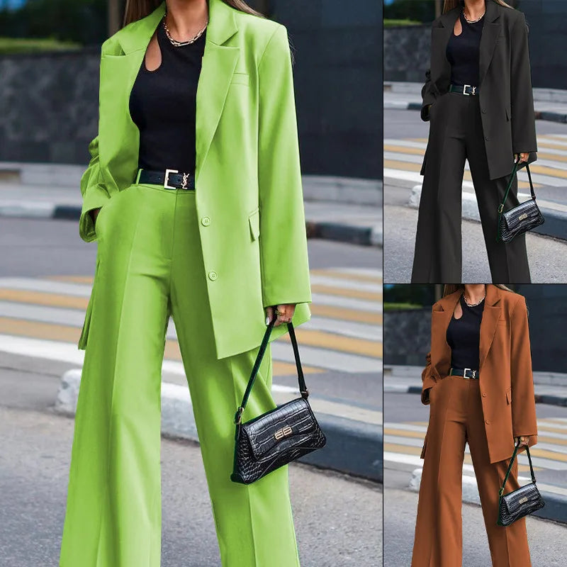 Women's Trousers Suit Casual Long Sleeve Jacket + Wide Leg Pant Female 2 Pieces Blazer Set Ladies Fashion Elegant Pant Suit