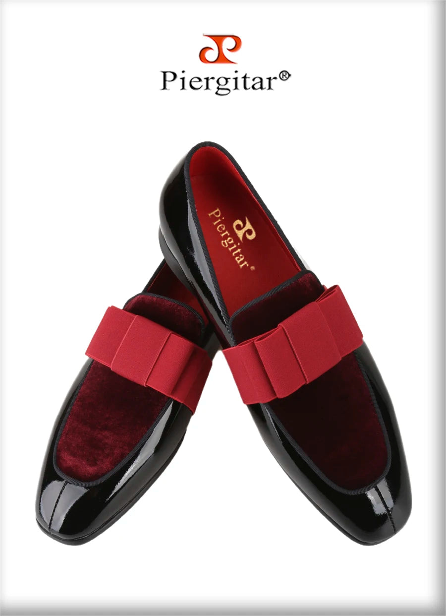 Black Patent Calfskin And Velvet Hand Stitching Men’s Dress Shoe With Grosgrain Ribbon Bow Adorns CL Brand Couture Loafer
