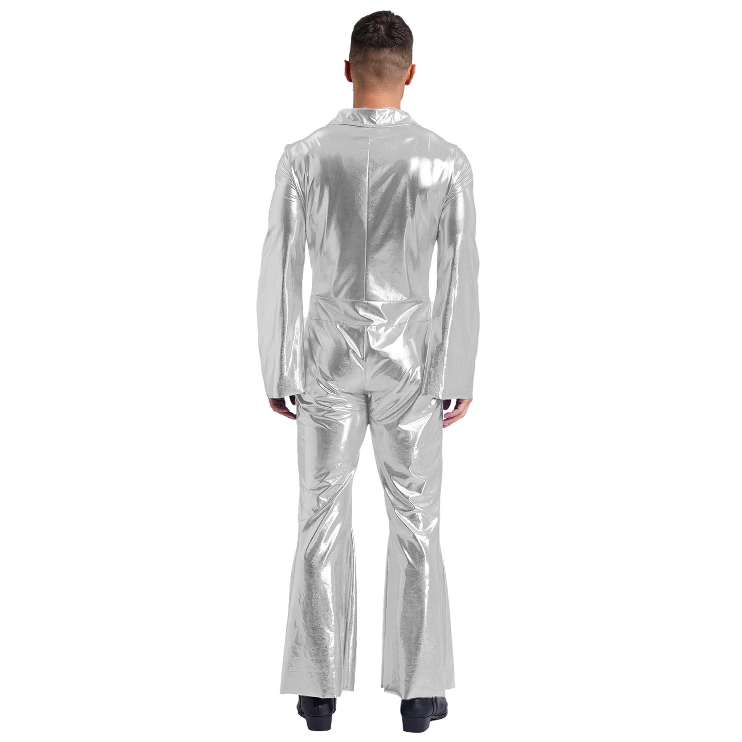 Mens 70s Disco Hippies Jazz Dance Performance Costume Metallic Shiny Unitards Jumpsuit Wide Leg Pants Rompers Vintage Clubwear