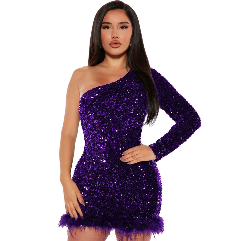 Sexy and Elegant Women's Party Dress Long Sleeved Diagonal Shoulder Off Shoulder Sparkling Edge Sequin Tight Women's Prom Dress
