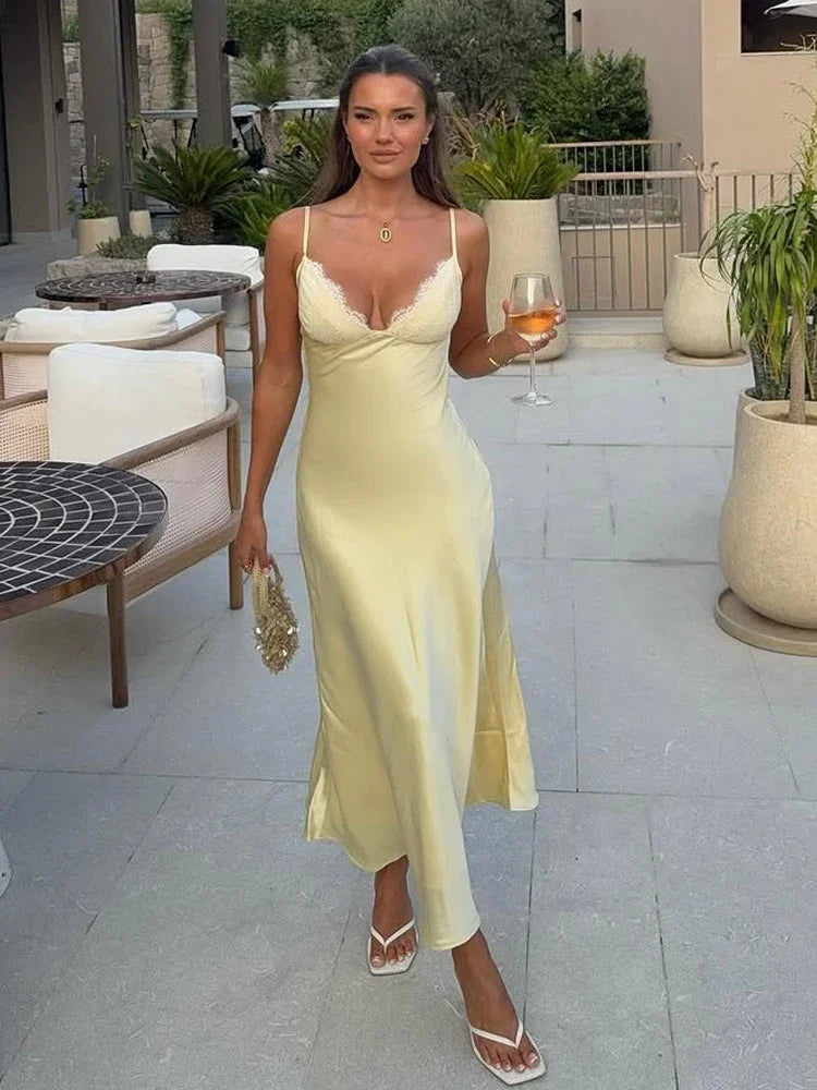 Satin Sexy Lace Spliced Maix Sling Dress Women Sleeveless Backless Yellow Vacation Vestidos 2026 Fashion Summer Lady Dresses﻿