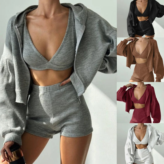 Three Pieces Clothing Sets Ladies Sport Casual Zipper Hooded Jackets+Tank Tops+Elastic Waist Shorts Women Tracksuits