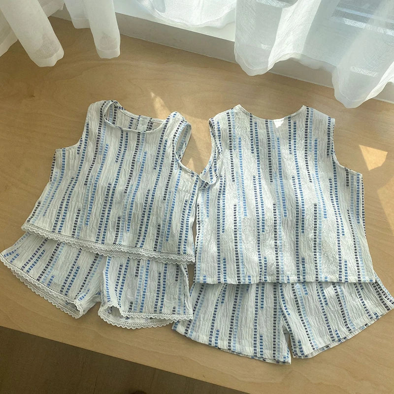 Summer Children's Vest Set Girls Lace Top Suit Kids Embroidered Striped Tank Top and Shorts 2Pcs Boys Casual Suit Sibling Outfit