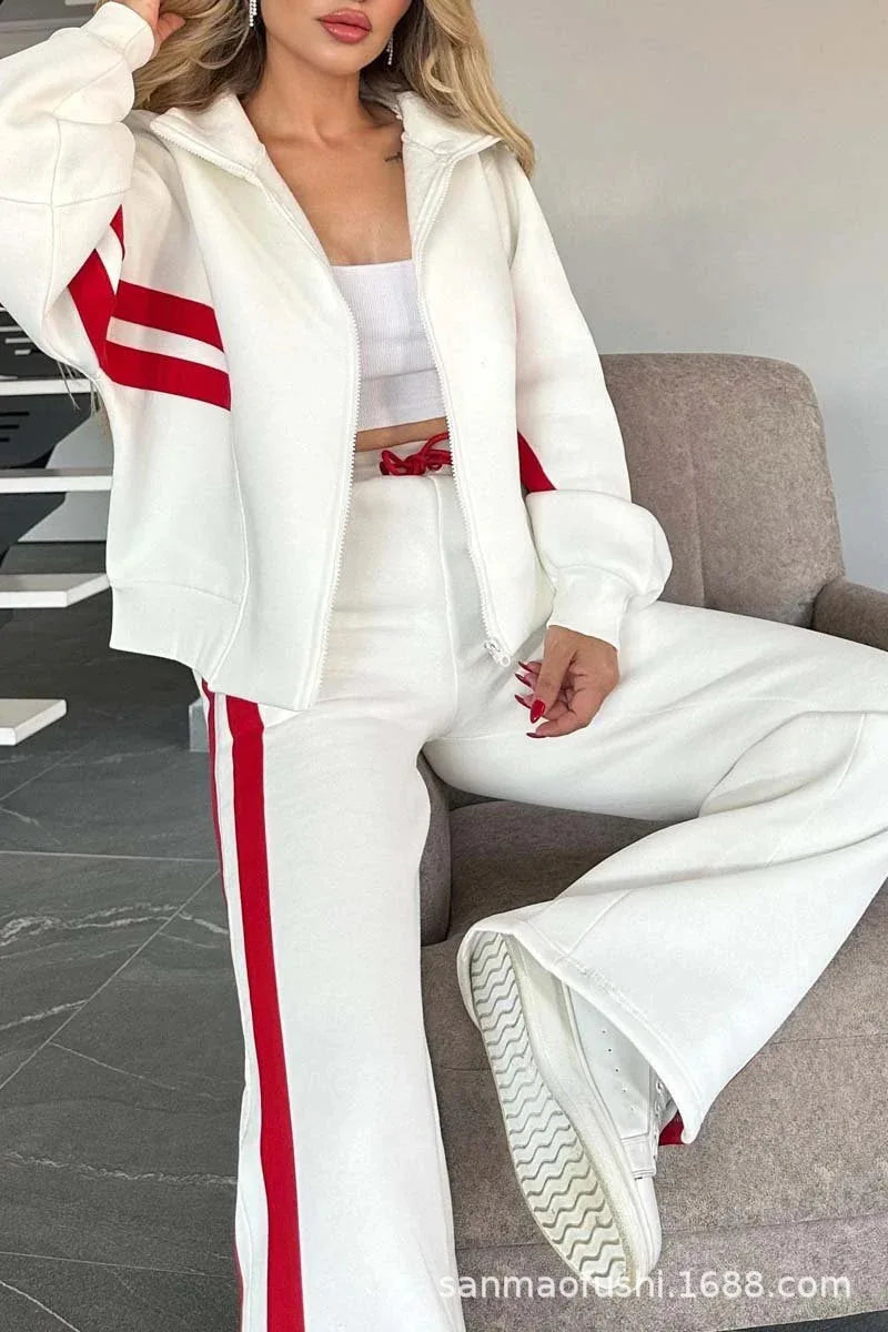Y2K Striped Zipper Coat+sweatpants Two Piece Set Women Casual Batwing Sleeve Sports Jacket Outfits Autumn Winter Sweatshirt Suit