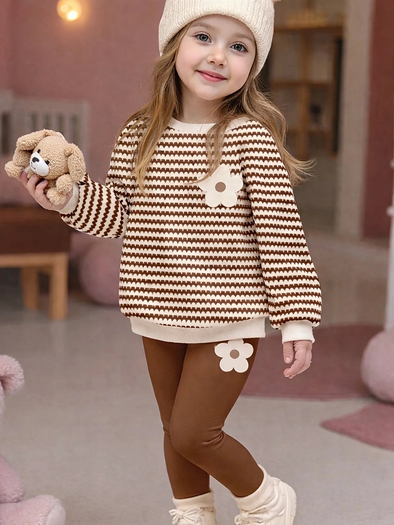 Kids Girls 2-Piece Casual Set, Brown & White Wavy Striped Flower Print Sweatshirt + Solid Brown Leggings Loungewear Outfit
